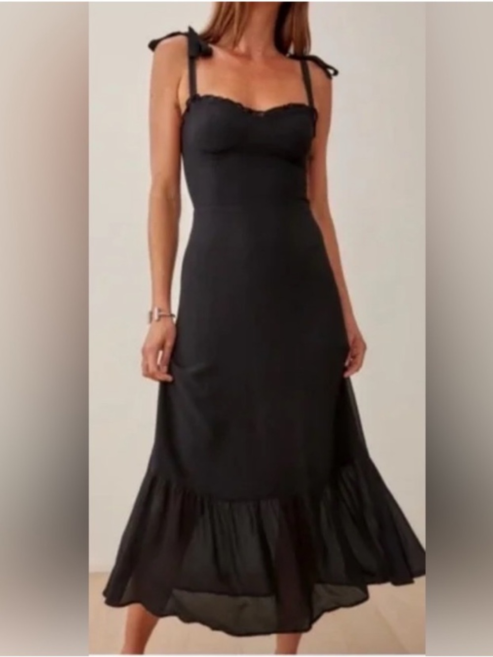 Reformation Black Tie-Shoulder Georgette Frill Hem Maxi Dress 4 - Picture 15 of 15